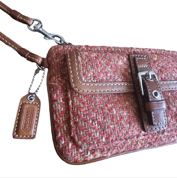 EUC | HTF Coach Pink & Brown Soho Wristlet | Wool Tweed & Leather - Picture 2 of 16